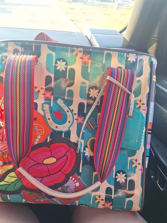 Consuela Handbags - Consuela Teal Floral Patchwork Tote with Multicolor Striped Strap